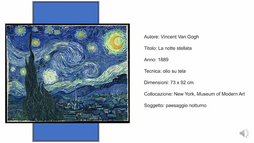 LA NOTTE
STELLATA
Van Gogh Autore: Vincent Van Gogh
Titolo: La notte stellata
Anno: 1889
Tecnica: olio su tela
Dimensioni: 73 x 92 cm
Colloc