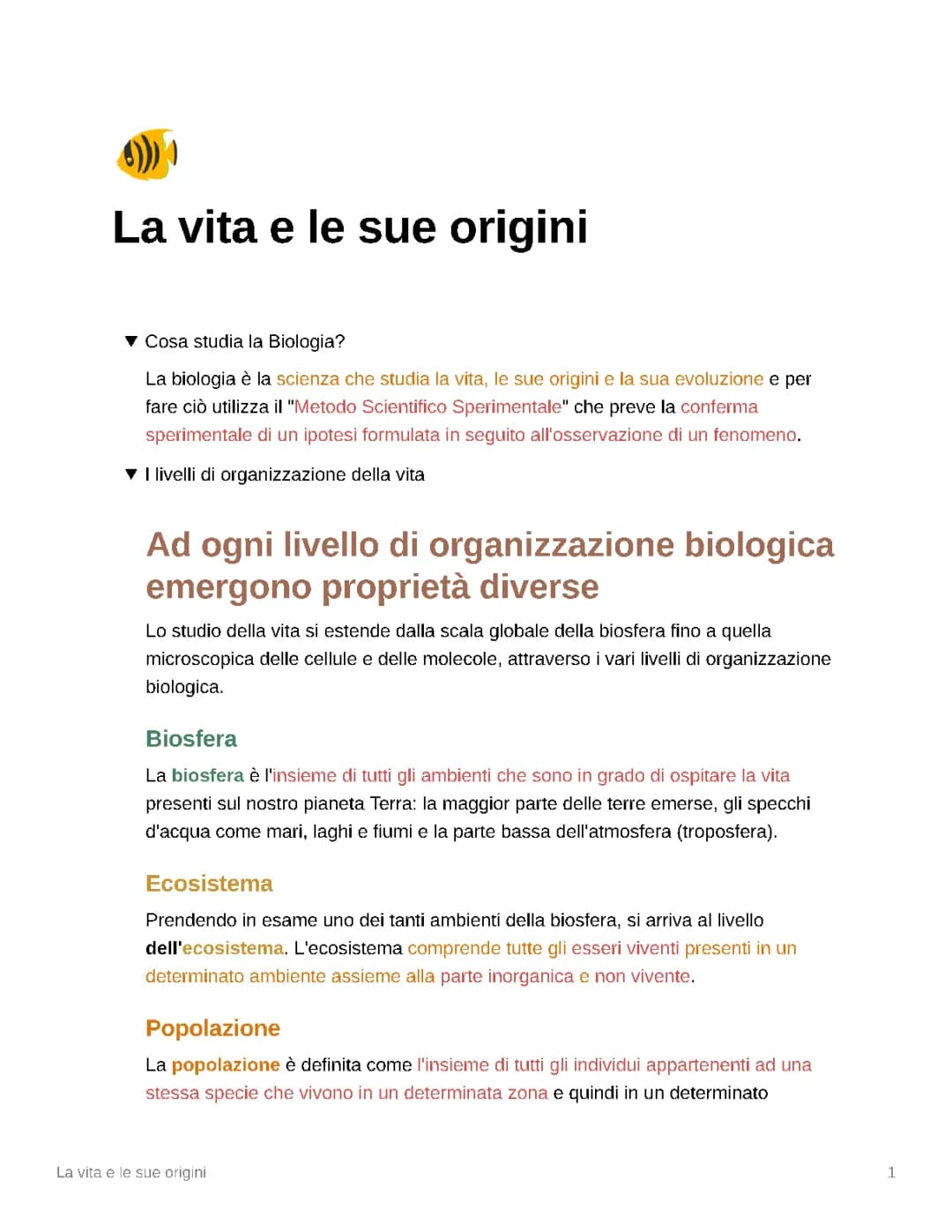 La vita e le sue origini
