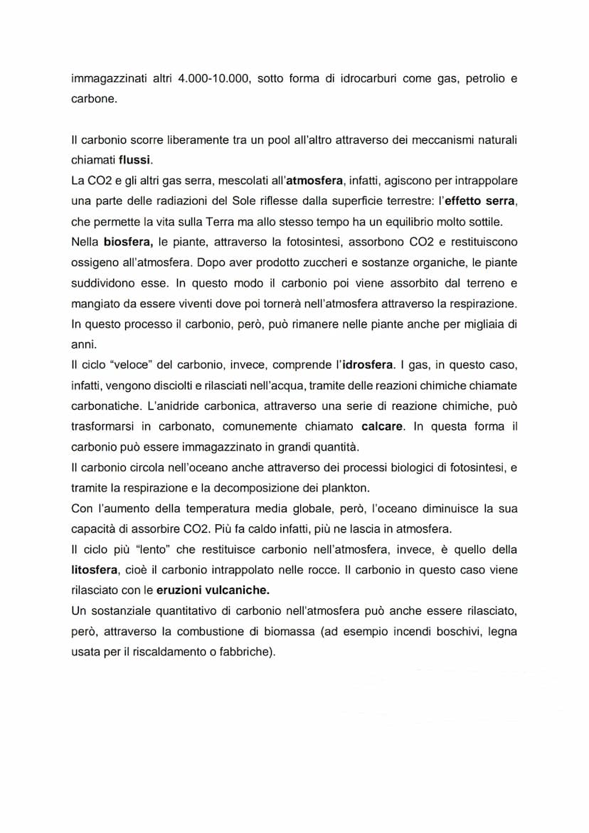 Il ciclo del carbonio
Il carbonio è un elemento chimico, presente sotto forma di anidride carbonica
nell'atmosfera, di carbonati nella litos