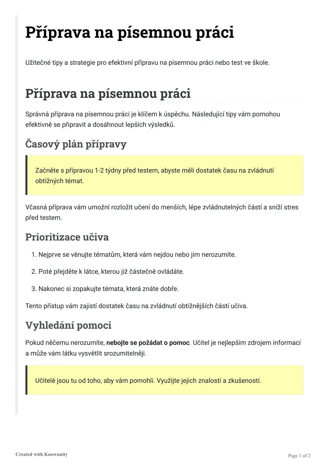 # Příprava na písemnou práci

Užitečné tipy a strategie pro efektivní přípravu na písemnou práci nebo test ve škole.

# Příprava na písemnou