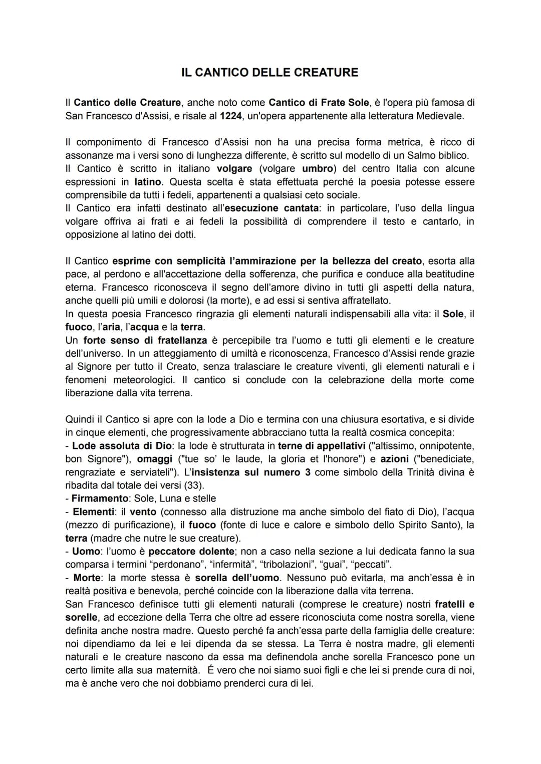IL CANTICO DELLE CREATURE
Il Cantico delle Creature, anche noto come Cantico di Frate Sole, è l'opera più famosa di
San Francesco d'Assisi, 