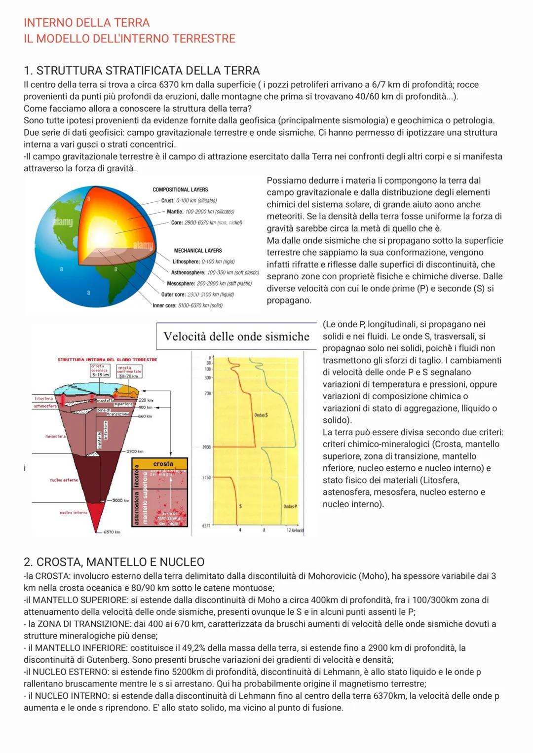 INTERNO DELLA TERRA
IL MODELLO DELL'INTERNO TERRESTRE
1. STRUTTURA STRATIFICATA DELLA TERRA
Il centro della terra si trova a circa 6370 km d