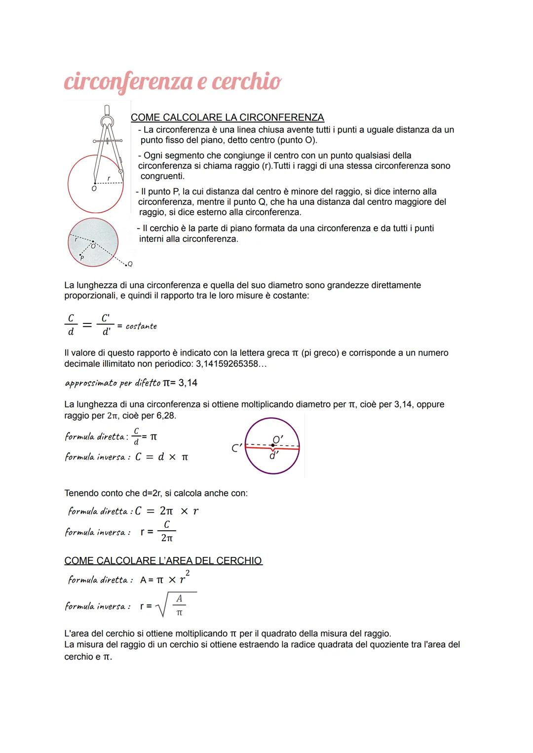 Circonferenza e Cerchio: Appunti di Geometria