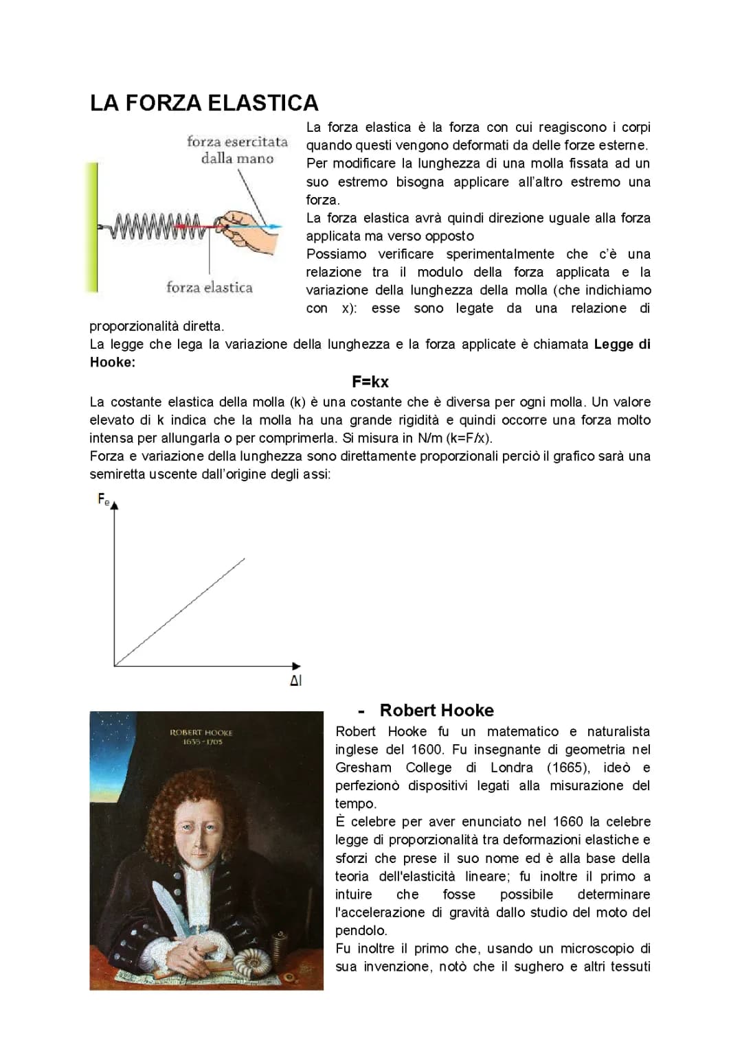 Riassunto sulla forza elastica e la legge di Hooke