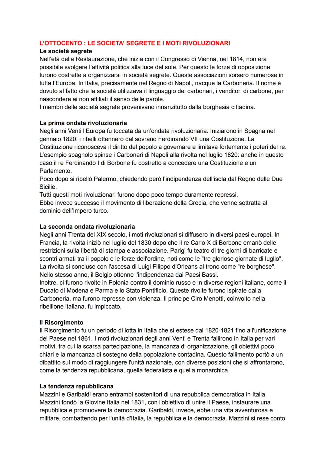 L'OTTOCENTO: LE SOCIETA' SEGRETE E I MOTI RIVOLUZIONARI
Le società segrete
Nell'età della Restaurazione, che inizia con il Congresso di Vien