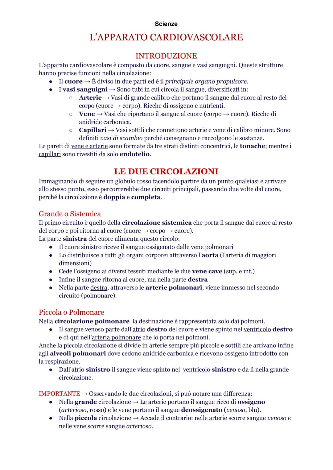 Scienze
INTRODUZIONE
L'apparato cardiovascolare è composto da cuore, sangue e vasi sanguigni. Queste strutture
hanno precise funzioni nella 