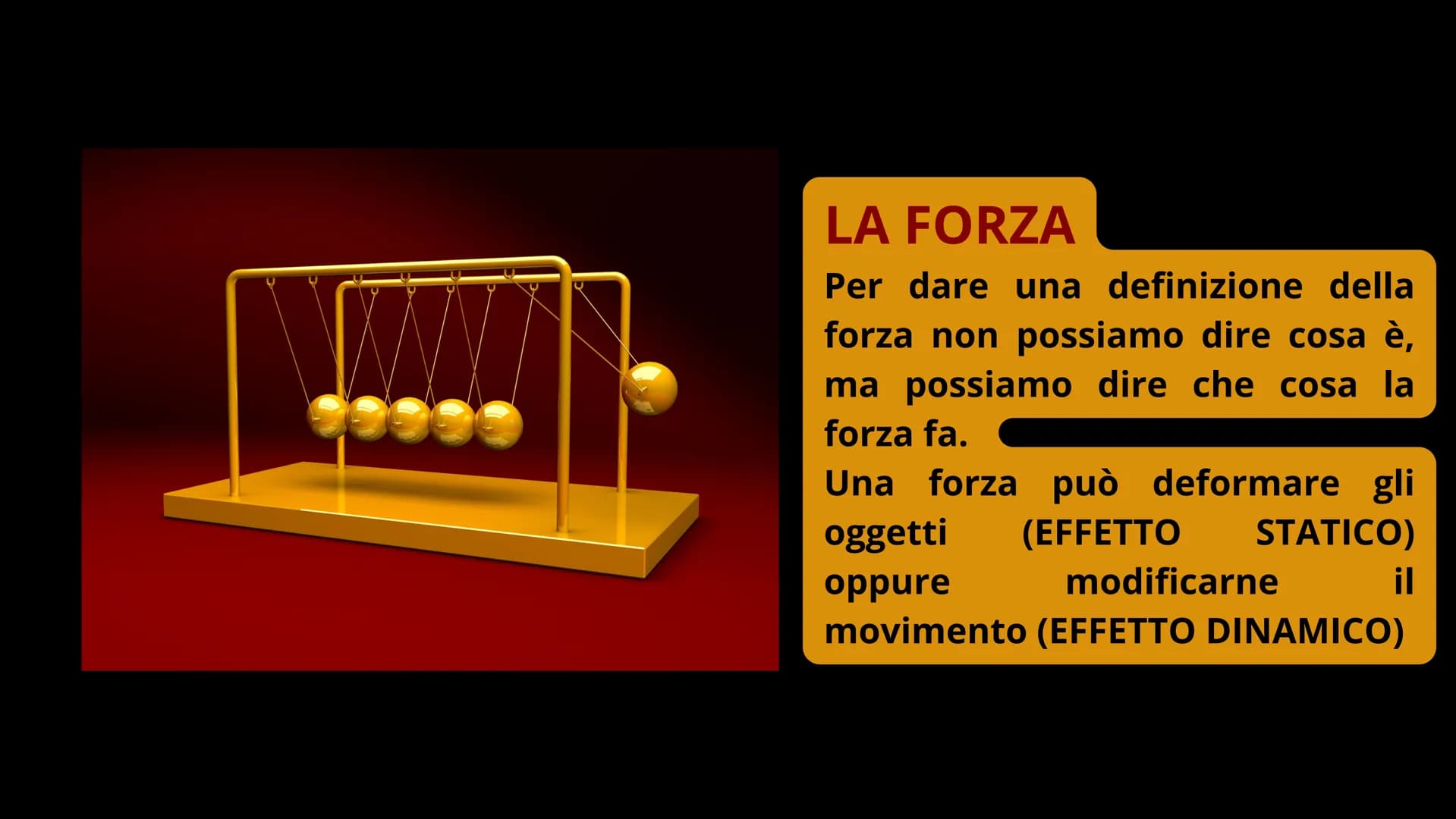 LA FORZA

Per dare una definizione della
forza non possiamo dire cosa è,
ma possiamo dire che cosa la
forza fa.

Una forza può deformare gli
