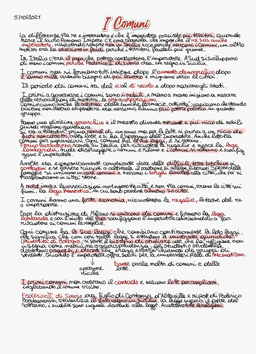 511012021
I Comuni
La differenza tra re e imperatore è che l'imperatore possiede pui territori, quando
nasce il Sacro Romano Impero c'è una 