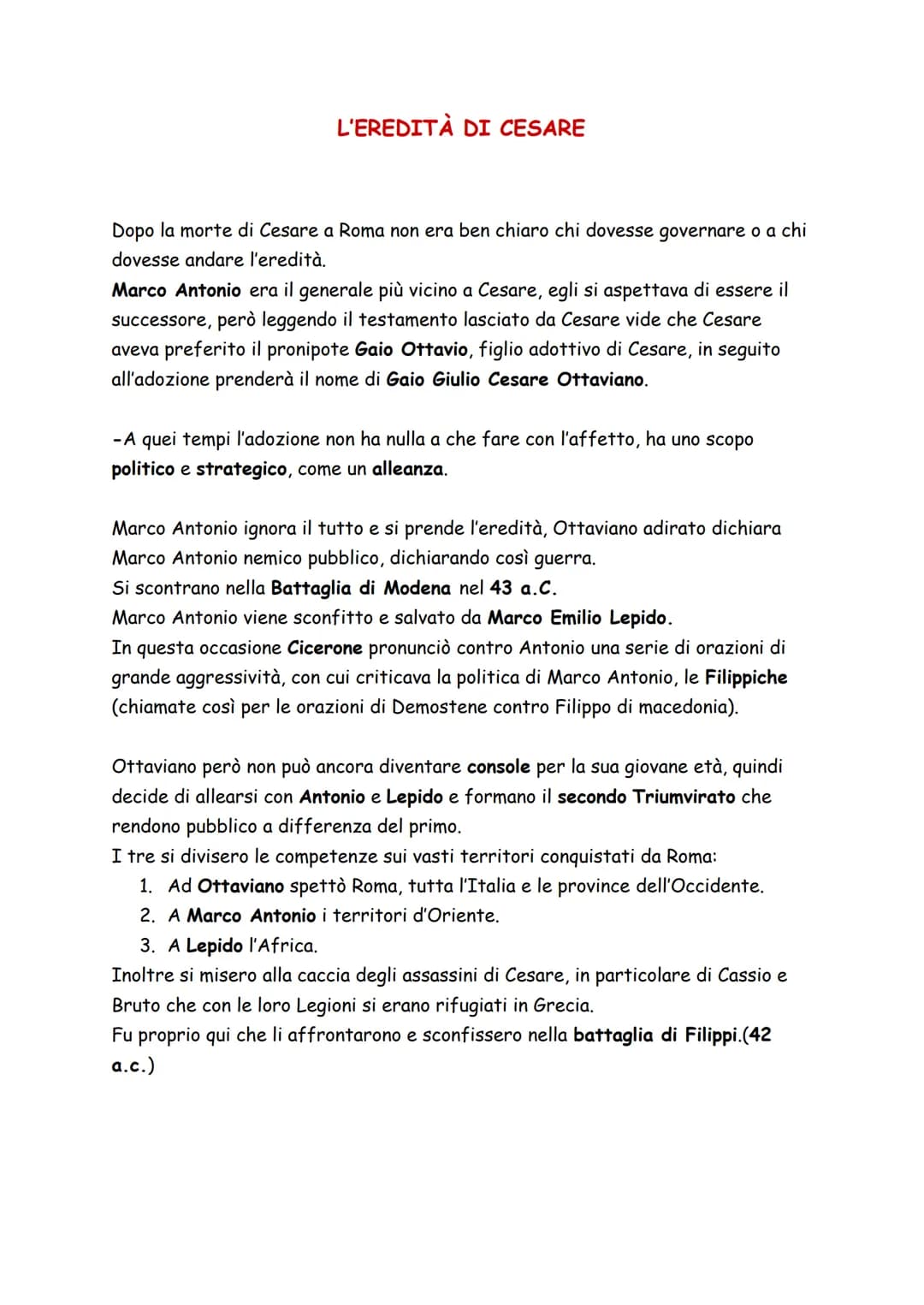 L'EREDITÀ DI CESARE
Dopo la morte di Cesare a Roma non era ben chiaro chi dovesse governare o a chi
dovesse andare l'eredità.
Marco Antonio 