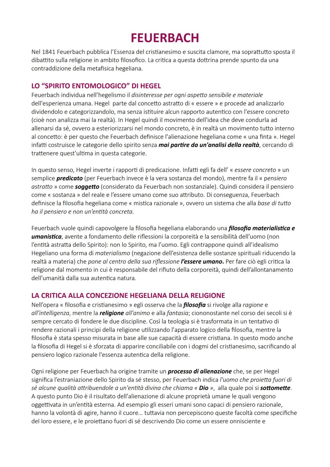 FEUERBACH
Nel 1841 Feuerbach pubblica l'Essenza del cristianesimo e suscita clamore, ma soprattutto sposta il
dibattito sulla religione in a