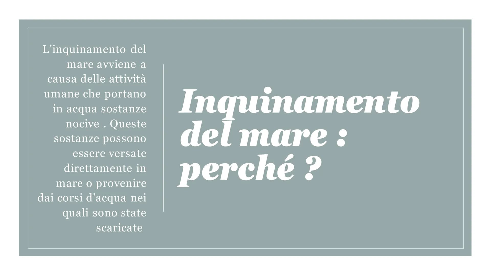 Inquiamento
del mare
Inquinamento, le
acque e gli esseri
umani L'inquinamento del
mare avviene a
causa delle attività
umane che portano
in a