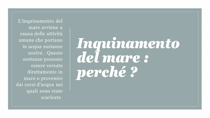 Inquiamento
del mare
Inquinamento, le
acque e gli esseri
umani L'inquinamento del
mare avviene a
causa delle attività
umane che portano
in a
