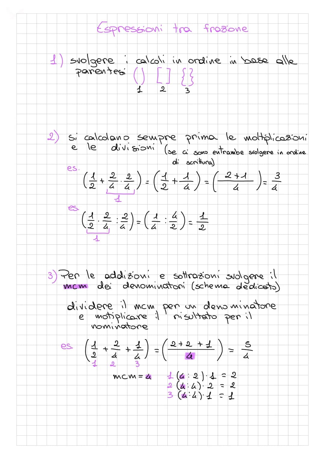 
<p>Quando si risolvono espressioni con frazioni, è importante svolgere i calcoli in ordine, seguendo le parentesi. Ad esempio, le moltiplic