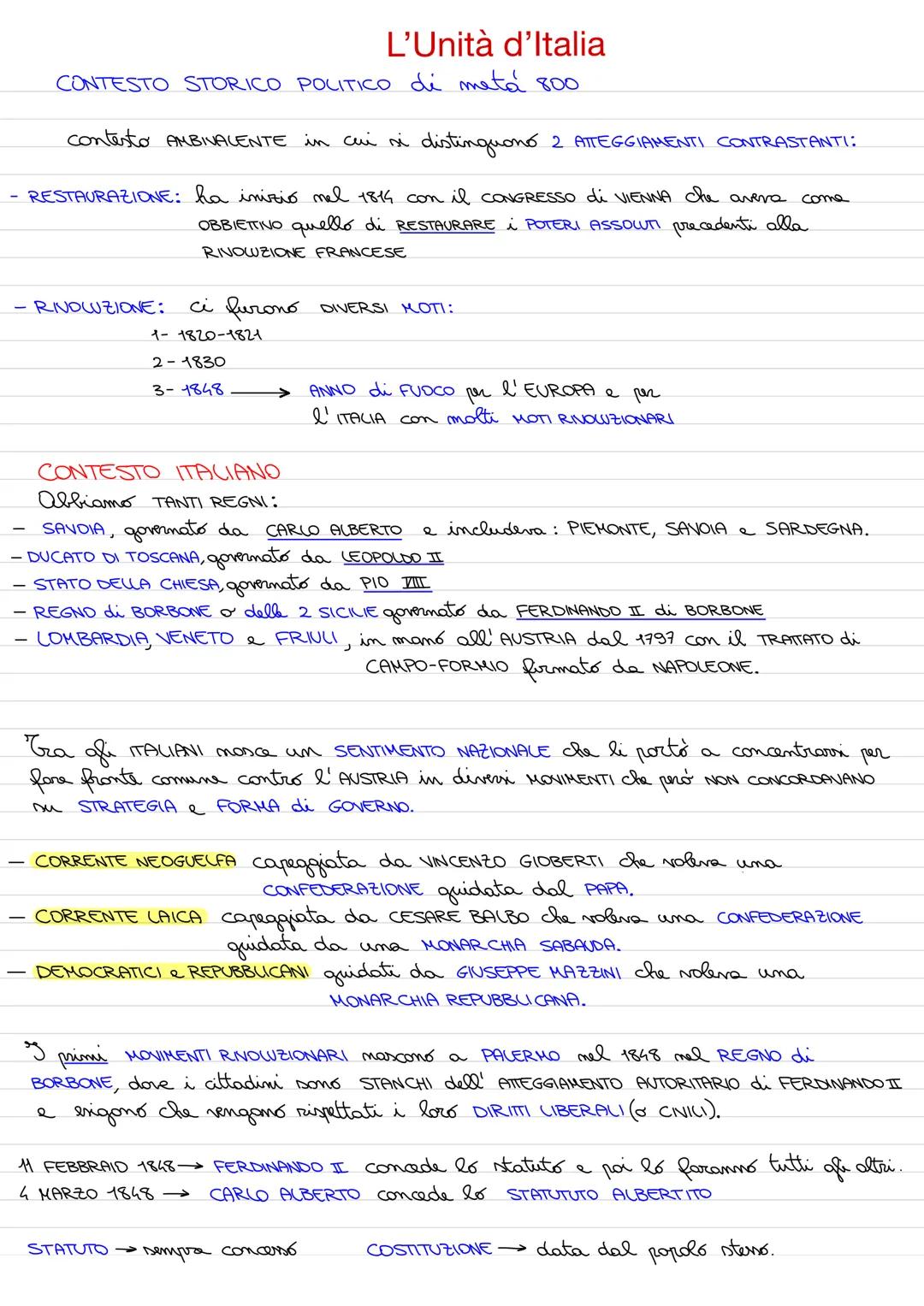 L'Unità d'Italia
CONTESTO STORICO POLITICO di metá 800
contesto AMBIVALENTE in cui si distinguono 2 ATTEGGIAMENTI CONTRASTANTI:
RESTAURAZION