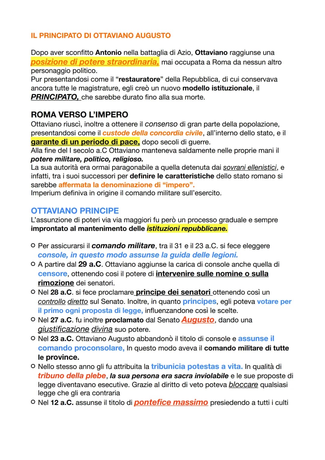 IL PRINCIPATO DI OTTAVIANO AUGUSTO
Dopo aver sconfitto Antonio nella battaglia di Azio, Ottaviano raggiunse una
posizione di potere straordi