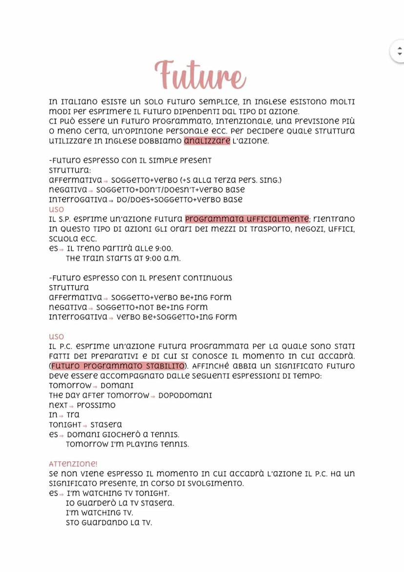 
<p>In italiano, esiste un solo futuro semplice. In inglese, esistono molti modi per esprimere il futuro, dipendenti dal tipo di azione. Ci 