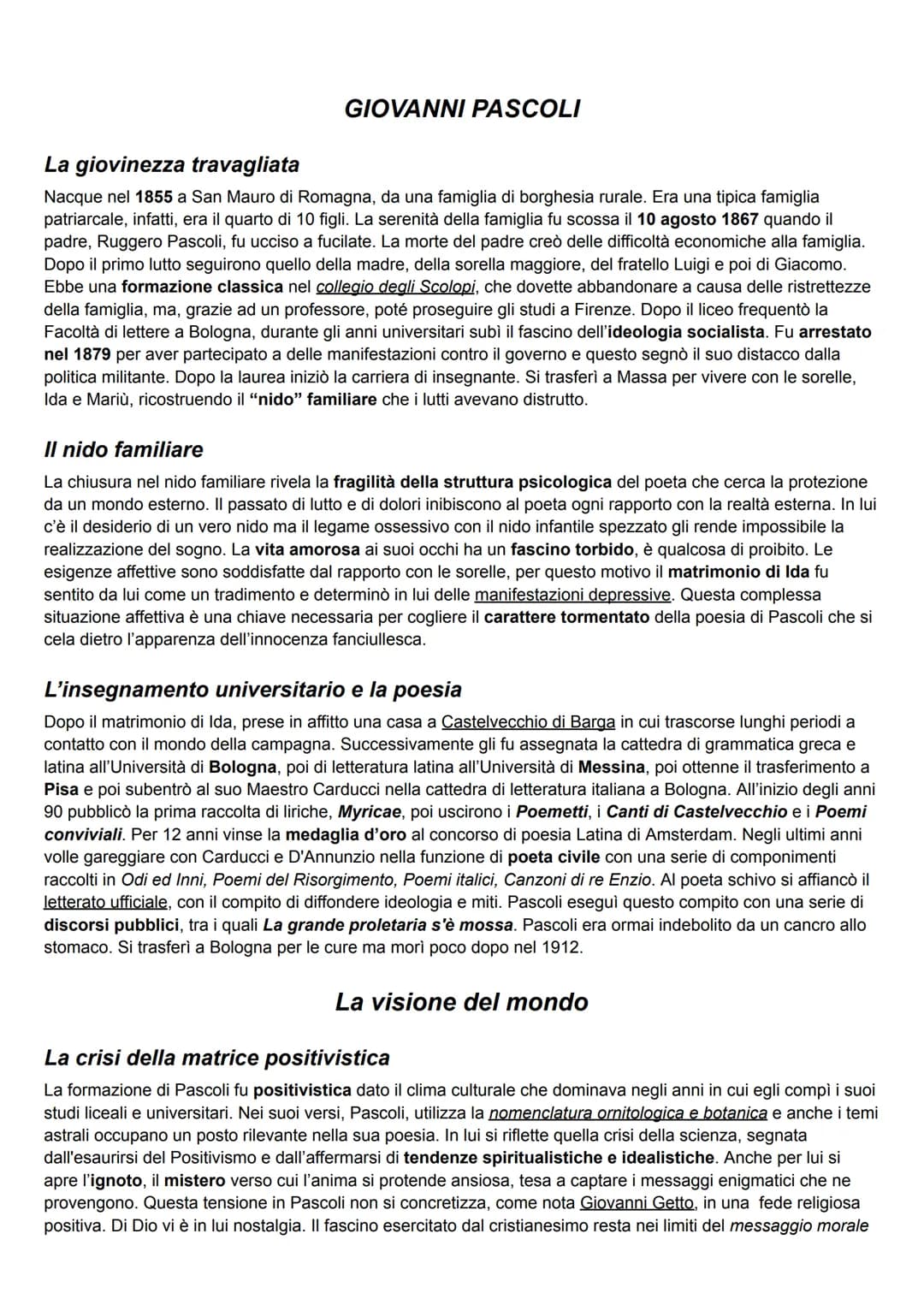 GIOVANNI PASCOLI
La giovinezza travagliata
Nacque nel 1855 a San Mauro di Romagna, da una famiglia di borghesia rurale. Era una tipica famig