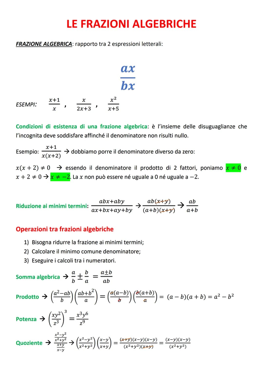 FRAZIONE ALGEBRICA: rapporto tra 2 espressioni letterali:
ESEMPI:
Esempio:
x+1
x+1
x(x+2)
LE FRAZIONI ALGEBRICHE
Condizioni di esistenza di 