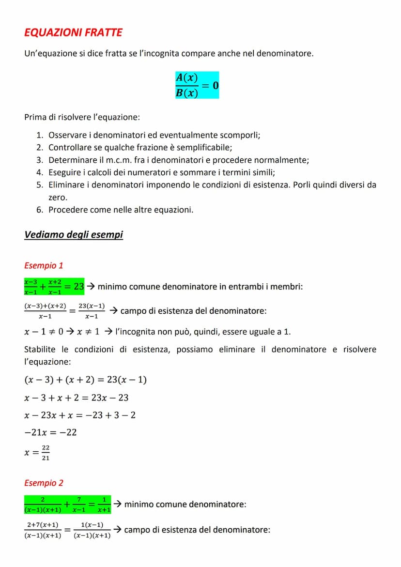 FRAZIONE ALGEBRICA: rapporto tra 2 espressioni letterali:
ESEMPI:
Esempio:
x+1
x+1
x(x+2)
LE FRAZIONI ALGEBRICHE
Condizioni di esistenza di 