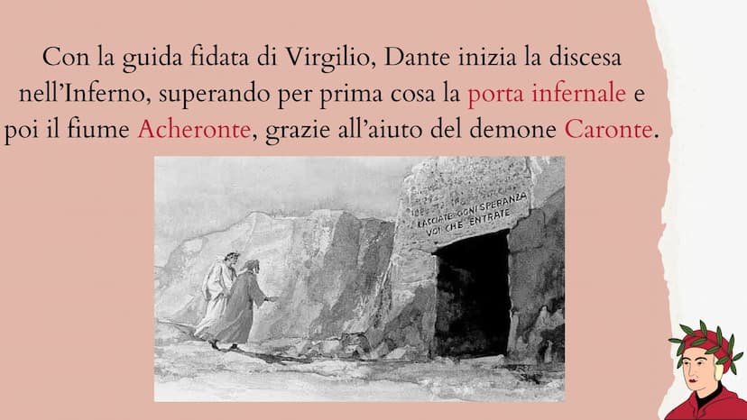 L'INFERNO DI DANTE
Dante, il personaggio protagonista del poema, si trova smarrito
in una pericolosa selva da cui non riesce a fuggire. Gli 