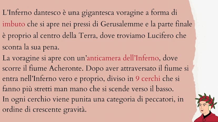 L'INFERNO DI DANTE
Dante, il personaggio protagonista del poema, si trova smarrito
in una pericolosa selva da cui non riesce a fuggire. Gli 