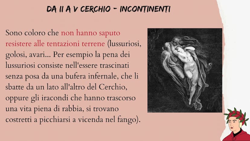 L'INFERNO DI DANTE
Dante, il personaggio protagonista del poema, si trova smarrito
in una pericolosa selva da cui non riesce a fuggire. Gli 