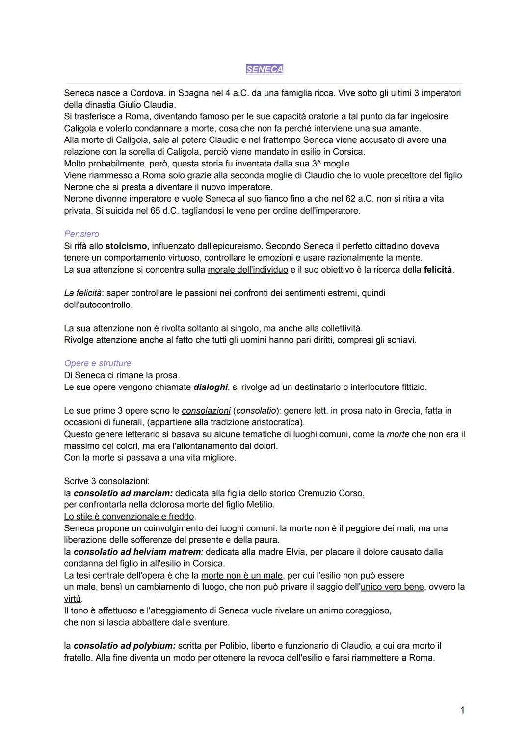 SENECA
Seneca nasce a Cordova, in Spagna nel 4 a.C. da una famiglia ricca. Vive sotto gli ultimi 3 imperatori
della dinastia Giulio Claudia.