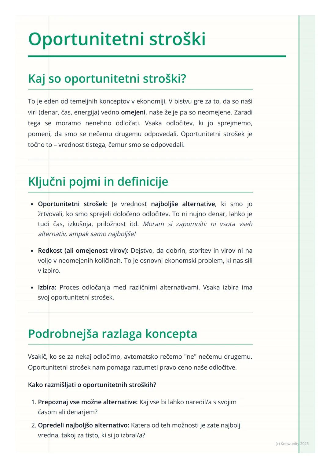 # Oportunitetni stroški

Kaj so oportunitetni stroški?

To je eden od temeljnih konceptov v ekonomiji. V bistvu gre za to, da so naši
viri (