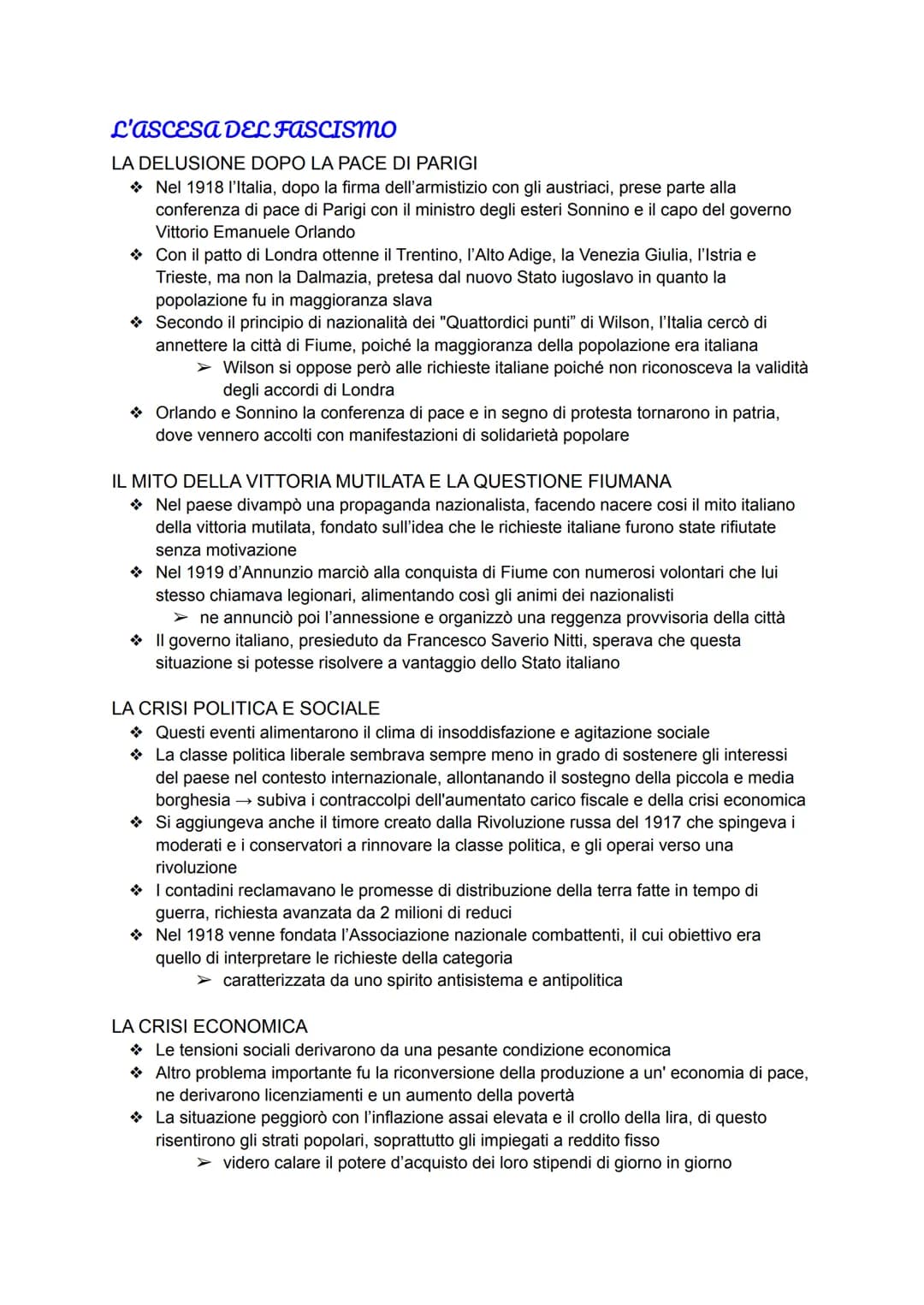 L'ASCESA DEL FASCISMO
LA DELUSIONE DOPO LA PACE DI PARIGI
Nel 1918 l'Italia, dopo la firma dell'armistizio con gli austriaci, prese parte al