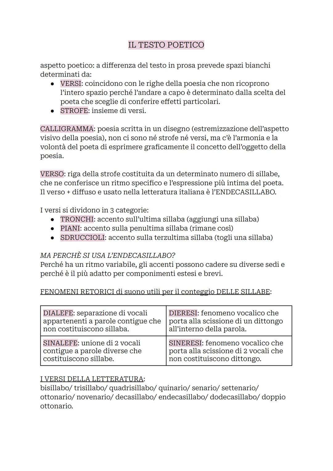 # IL TESTO POETICO

aspetto poetico: a differenza del testo in prosa prevede spazi bianchi
determinati da:

- VERSI: coincidono con le righe