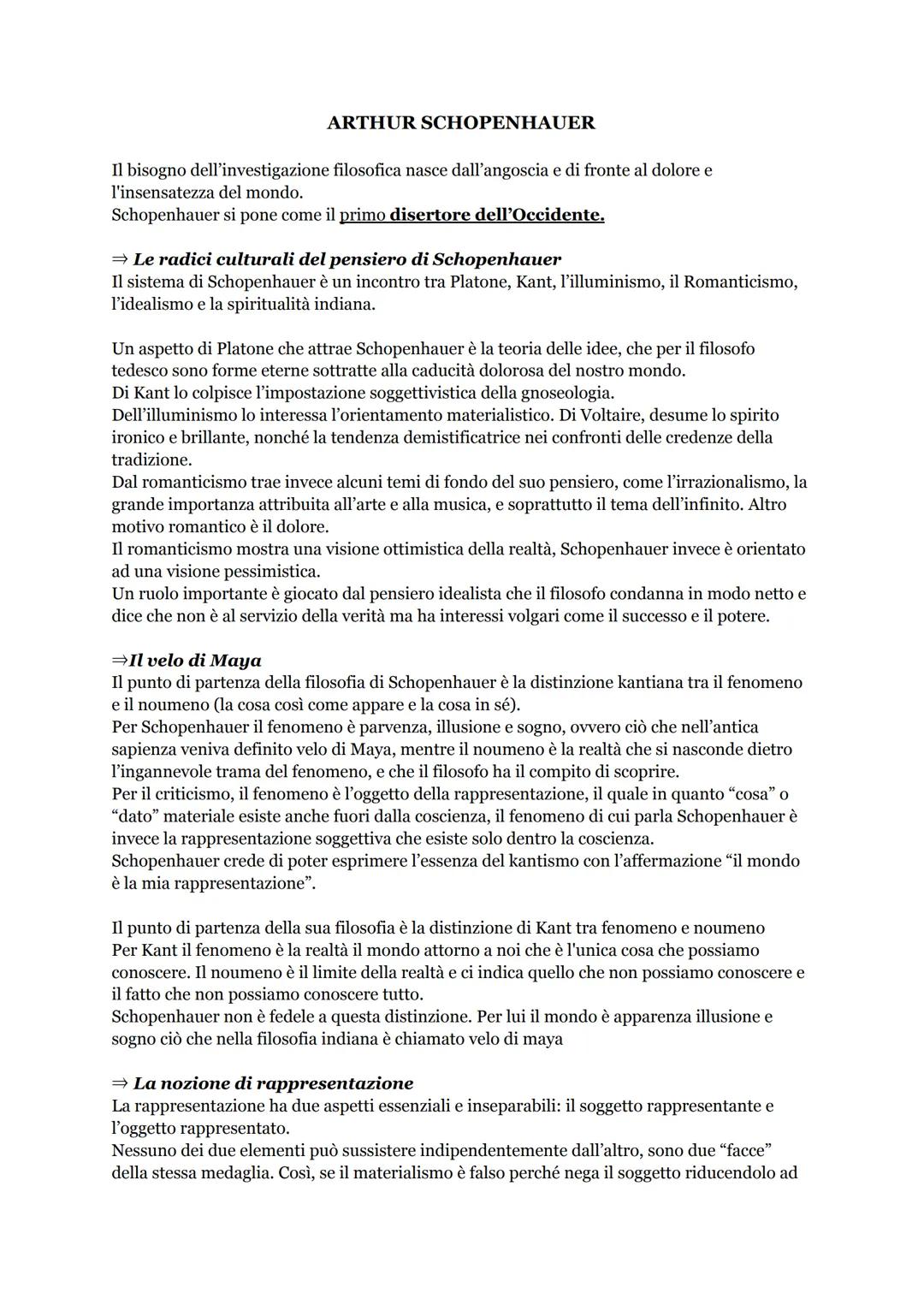 ARTHUR SCHOPENHAUER
Il bisogno dell'investigazione filosofica nasce dall'angoscia e di fronte al dolore e
l'insensatezza del mondo.
Schopenh