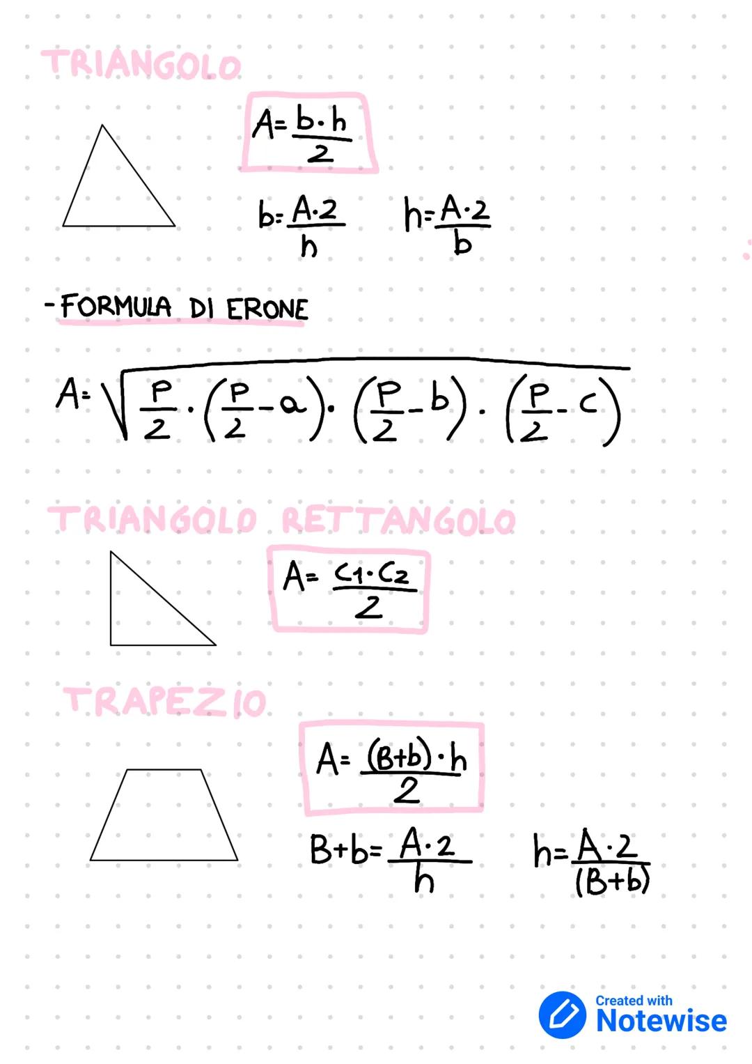 # LE AREE

RETTANGOLO.

$A = b \cdot h$

$b = \frac{A}{h}$  $h = \frac{A}{b}$

QUADRATO

$A = e^2$

$e = \sqrt{A}$

PARALLELOGRAMMA.

$A = b