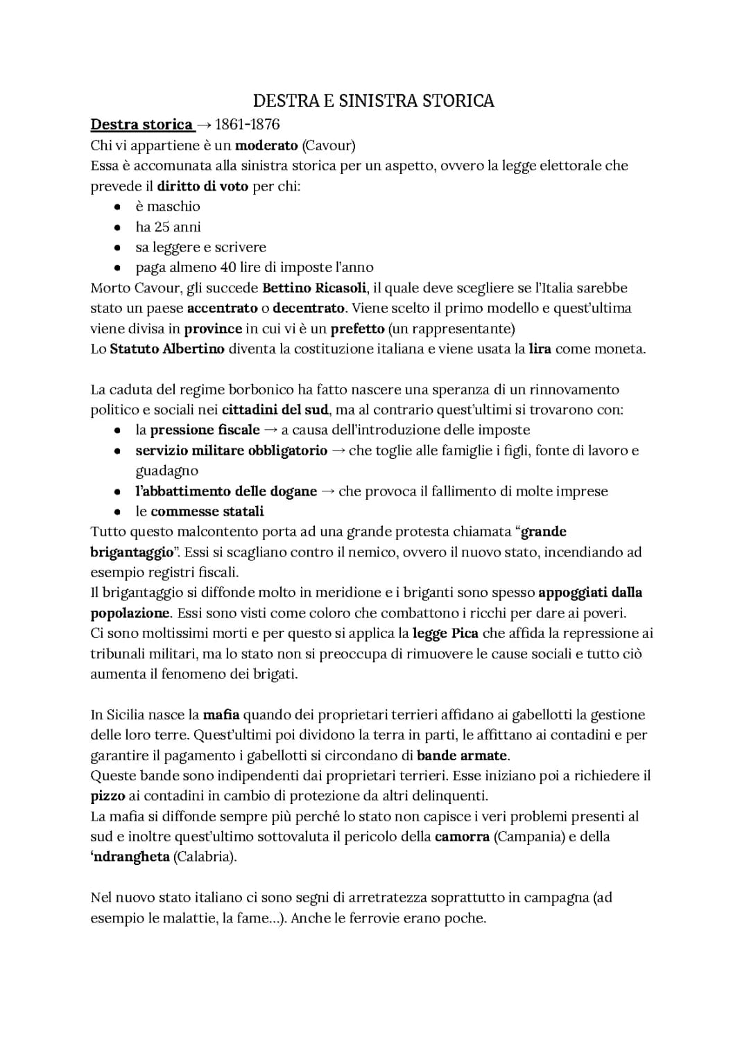 Destra e Sinistra Storica: Schema, Sintesi, e Riassunto PDF