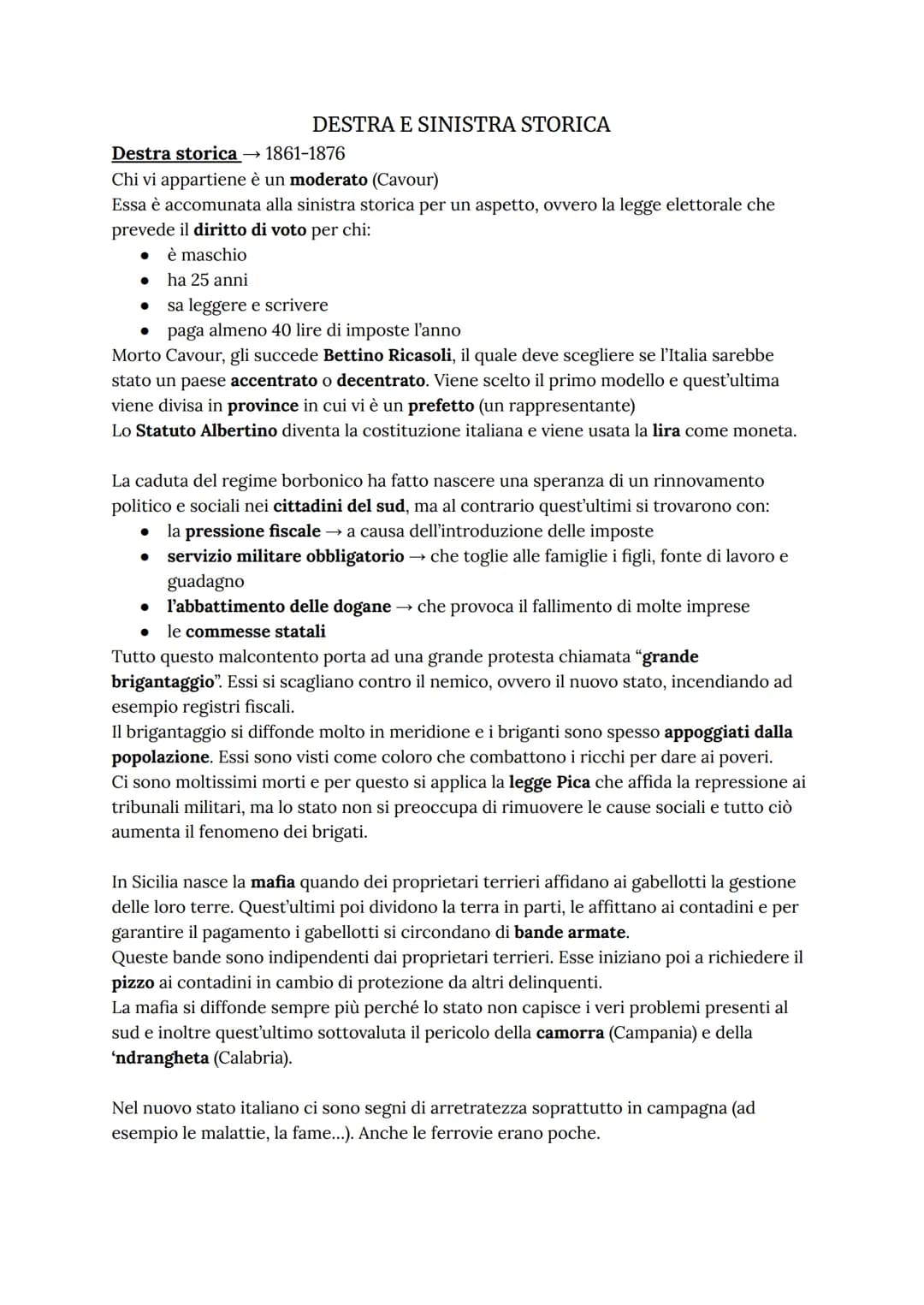 DESTRA E SINISTRA STORICA
Destra storica - →1861-1876
Chi vi appartiene è un moderato (Cavour)
Essa è accomunata alla sinistra storica per u