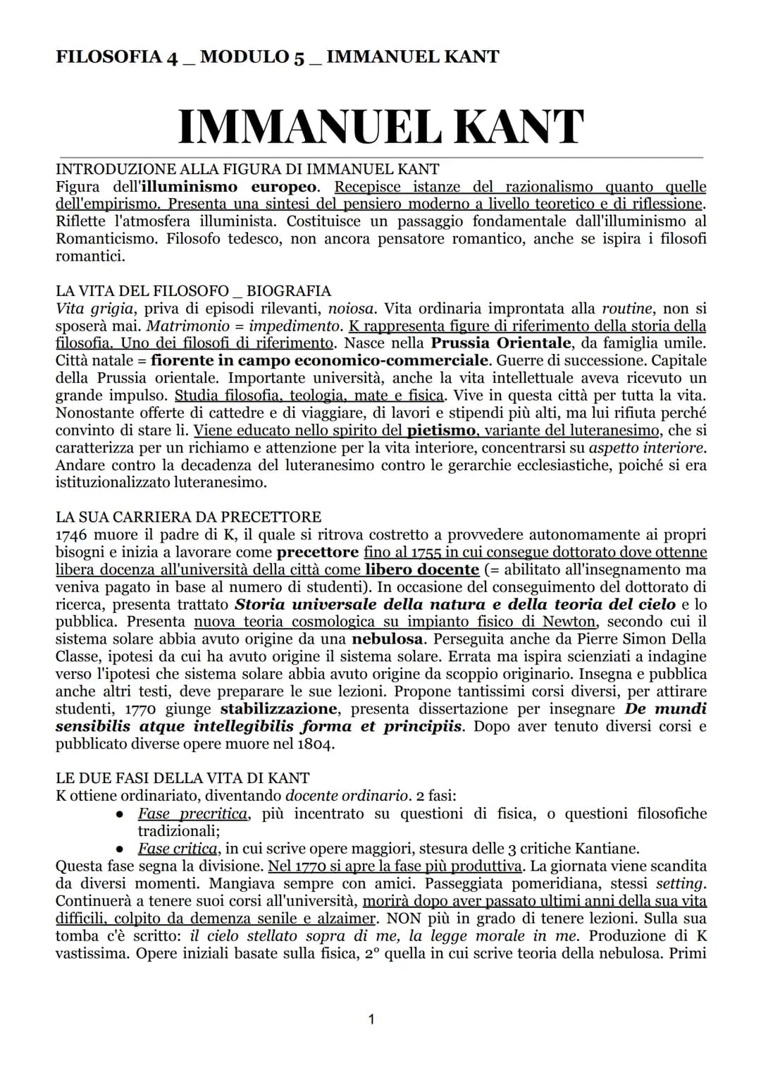 FILOSOFIA 4 MODULO 5. IMMANUEL KANT
IMMANUEL KANT
INTRODUZIONE ALLA FIGURA DI IMMANUEL KANT
Figura dell'illuminismo europeo. Recepisce istan