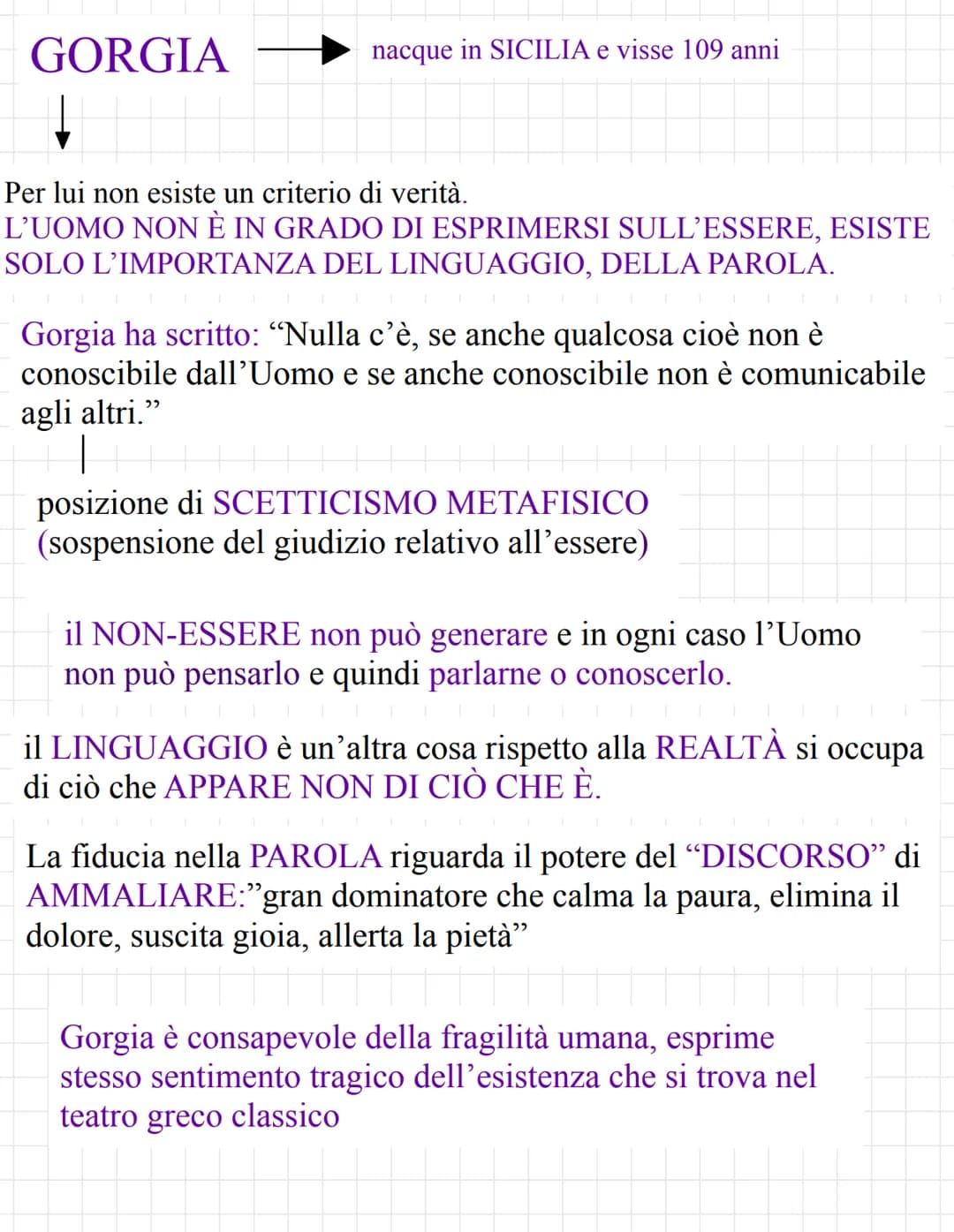 GORGIA
↓
Per lui non esiste un criterio di verità.
L'UOMO NON È IN GRADO DI ESPRIMERSI SULL'ESSERE, ESISTE
SOLO L'IMPORTANZA DEL LINGUAGGIO,