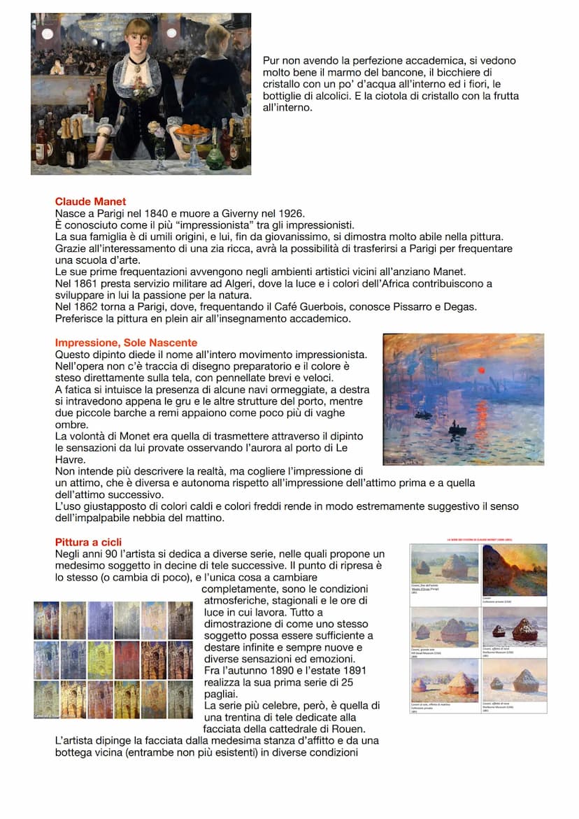 Impressionismo
È una corrente (non hanno un'istruzione accademica, un manifesto e nemmeno una condivisione
totale delle tecniche).
Il primo 