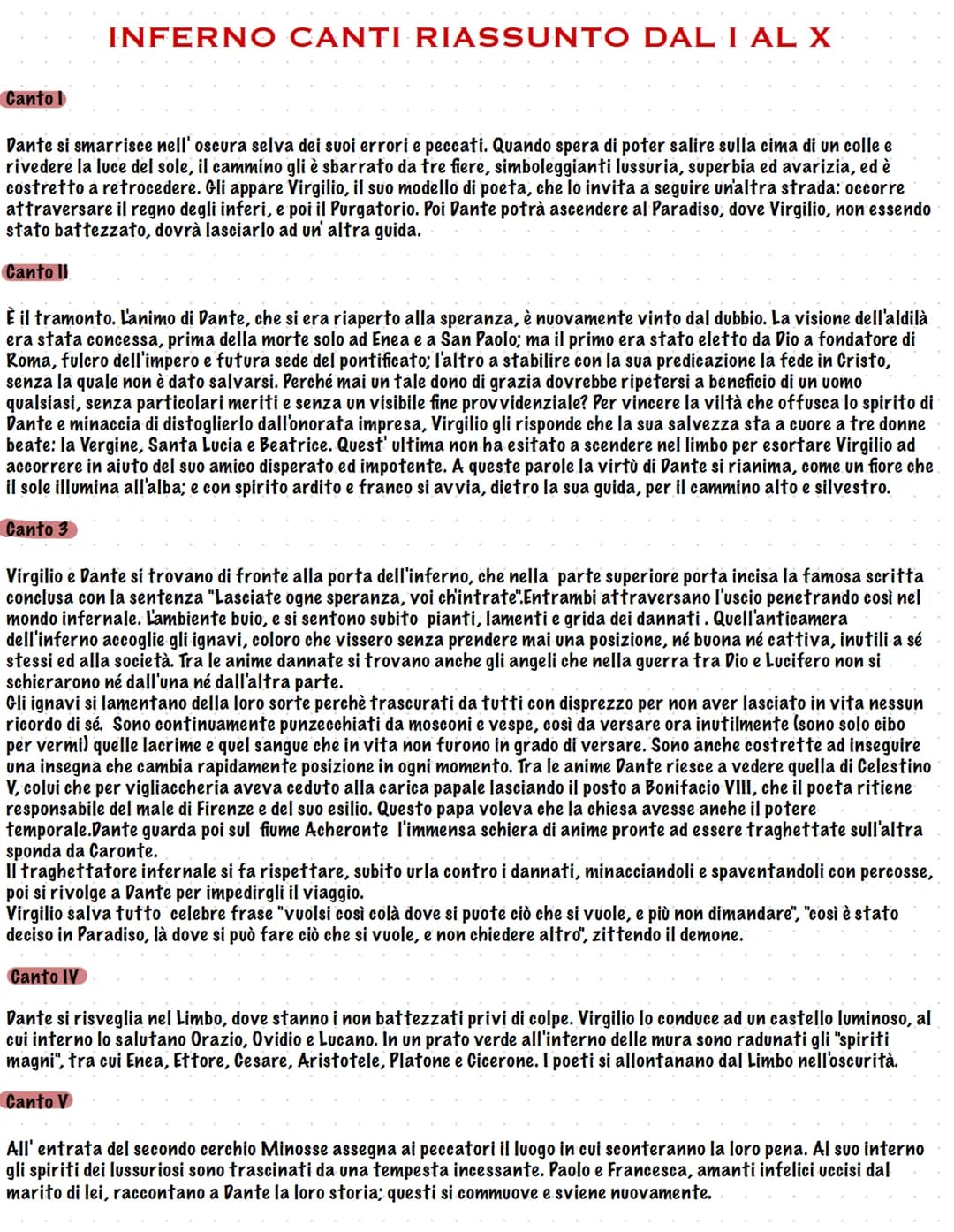 Canto
INFERNO CANTI RIASSUNTO DAL I AL X
Dante si smarrisce nell' oscura selva dei suoi errori e peccati. Quando spera di poter salire sulla