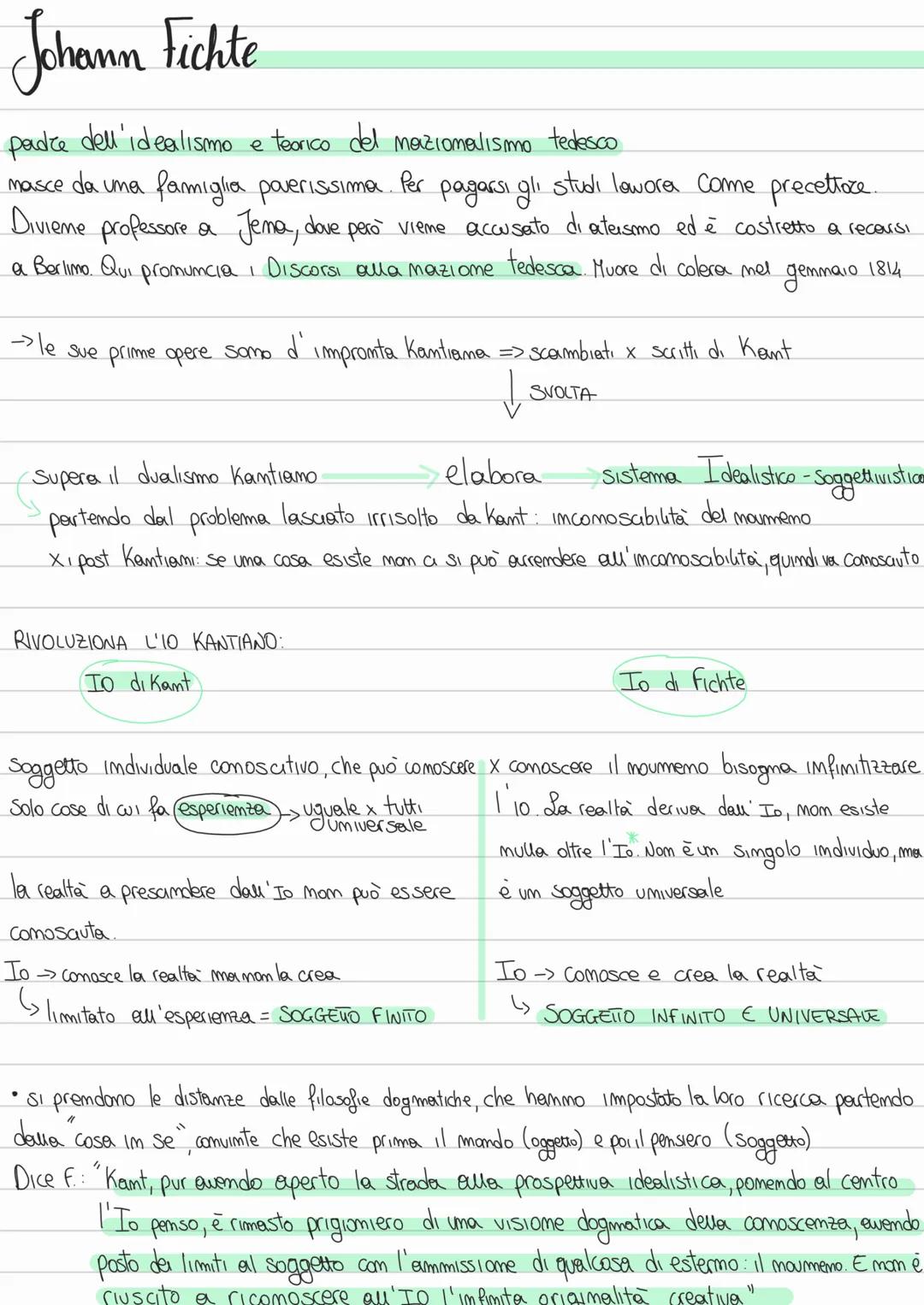 Johann Fichte
padre dell'idealismo e teorico del mazionalismo tedesco
masce da una famiglia poverissima. Per pagarsi gli studi lowora come p