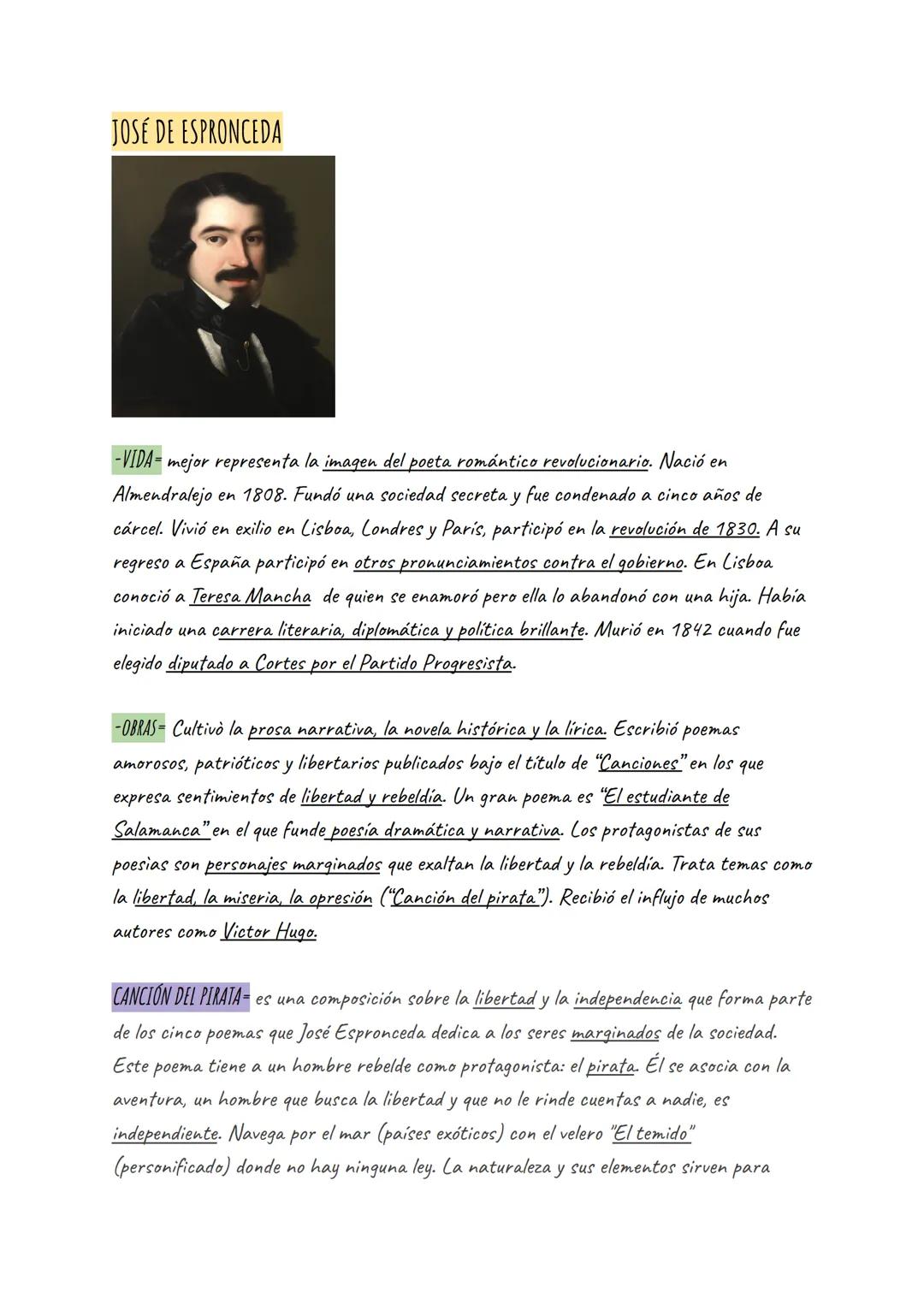 JOSÉ DE ESPRONCEDA
-VIDA= mejor representa la imagen del poeta romántico revolucionario. Nació en
Almendralejo en 1808. Fundó una sociedad s