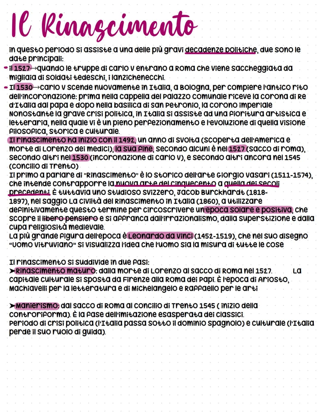 IL RINASCIMENTO
E L'UMANESIMO
Quest'età, sul piano storico, è compresa tra il medioevo e l'età moderna, che
convenzionalmente si fa iniziare