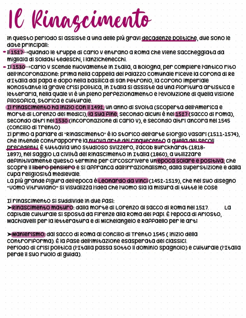 IL RINASCIMENTO
E L'UMANESIMO
Quest'età, sul piano storico, è compresa tra il medioevo e l'età moderna, che
convenzionalmente si fa iniziare
