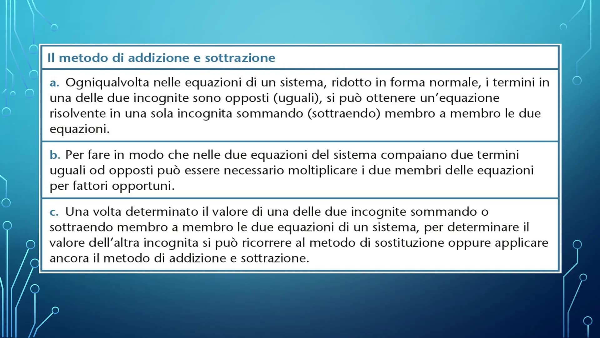 SISTEMI LINEARI
DI 2 EQUAZIONI IN 2 INCOGNITE Sistema di equazioni
Insieme di due o più equazioni che si vuole siano soddisfatte
contemporan