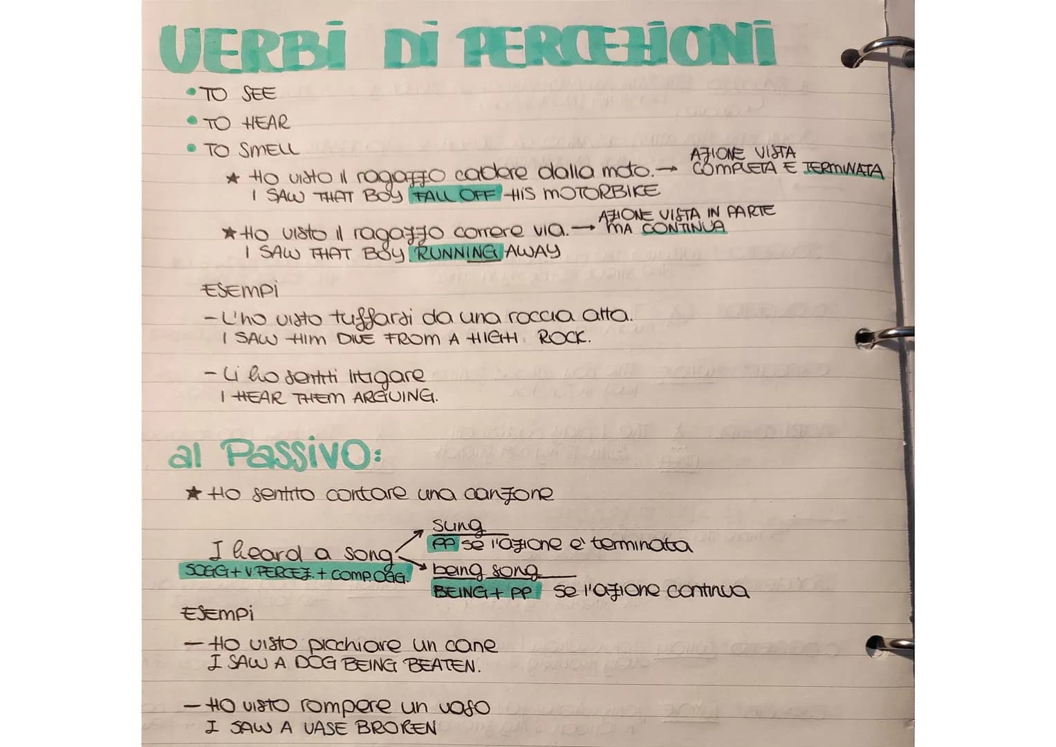 VERBI DI PERCEHONI
SEE
HEAR
• TO SMELL
ATIONE VISTA
to visto il ragazzo cadare dalla moto.→ COMPLETA E TERMINATA
I SAW THAT BOY FALL OFF HIS