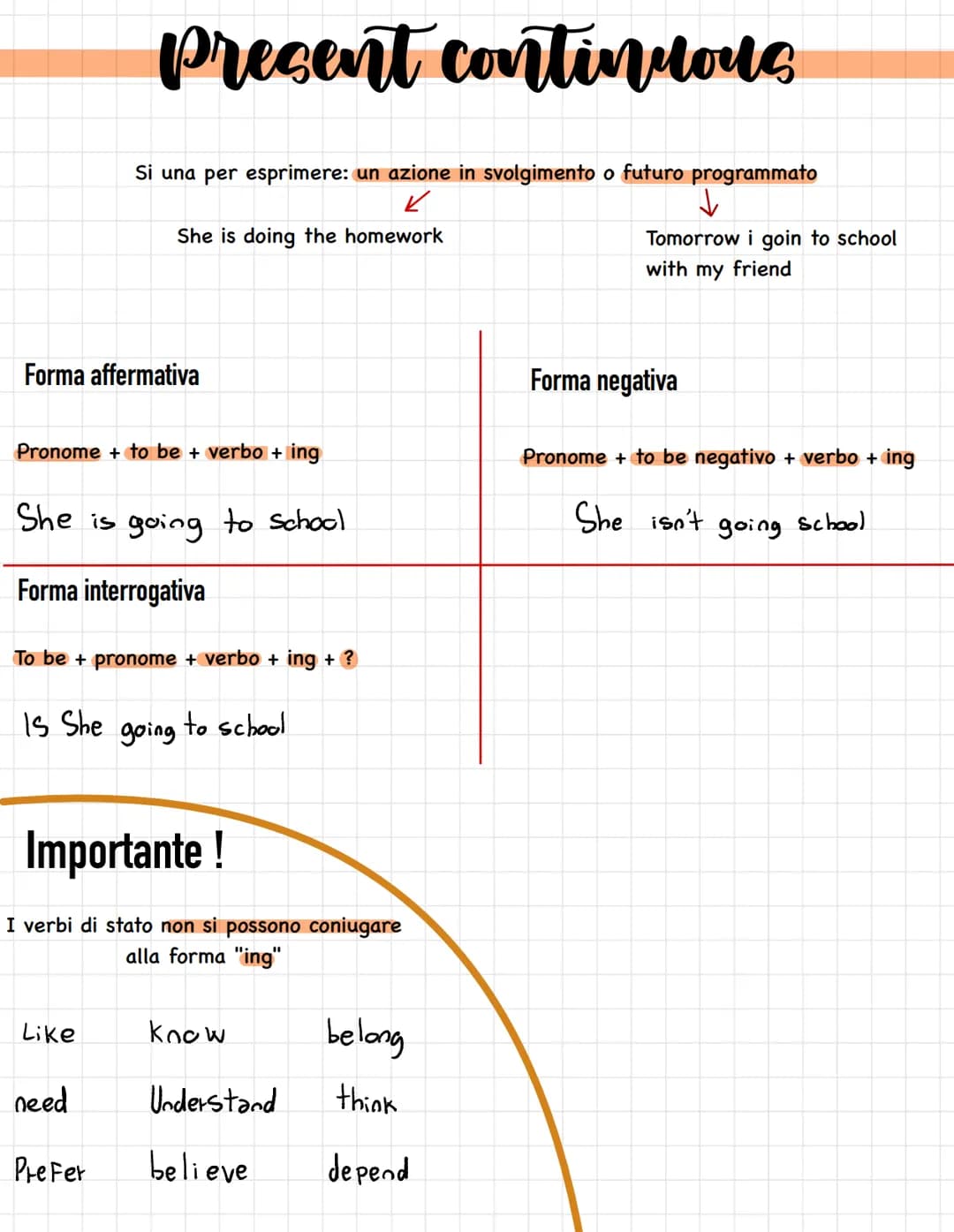 Forma affermativa
Pronome + to be + verbo + ing
Present continuous
She is going to School
Forma interrogativa
Is She
Si una per esprimere: u