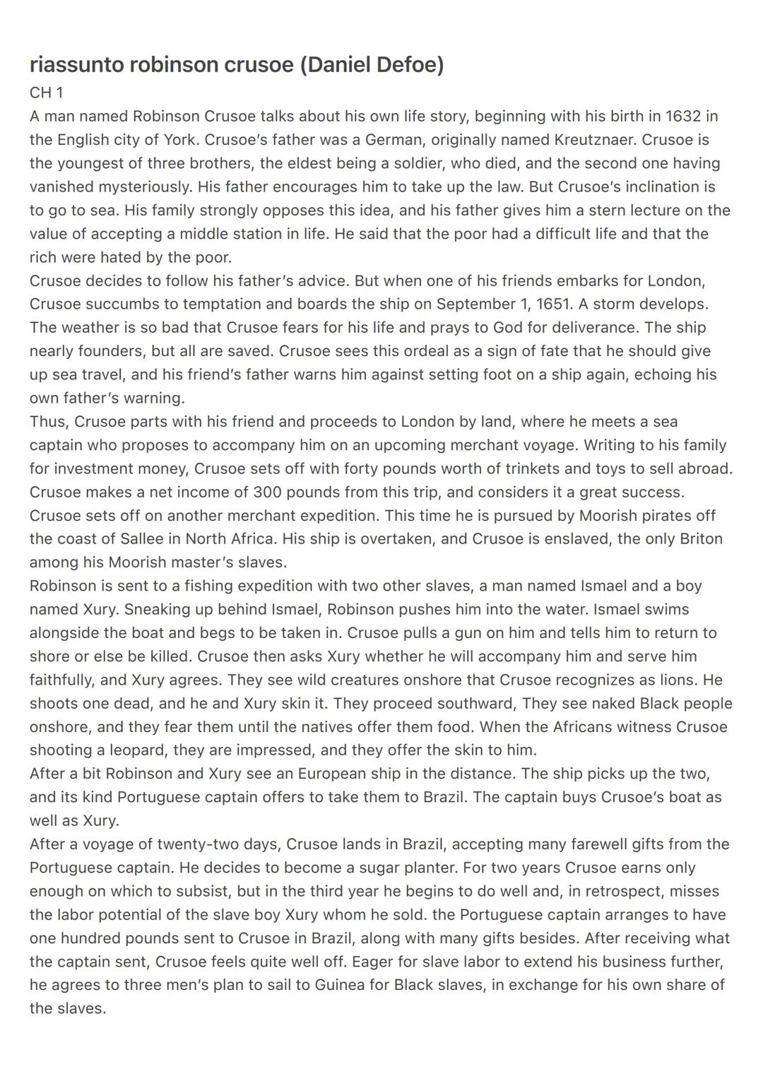 riassunto robinson crusoe (Daniel Defoe)
CH 1
A man named Robinson Crusoe talks about his own life story, beginning with his birth in 1632 i