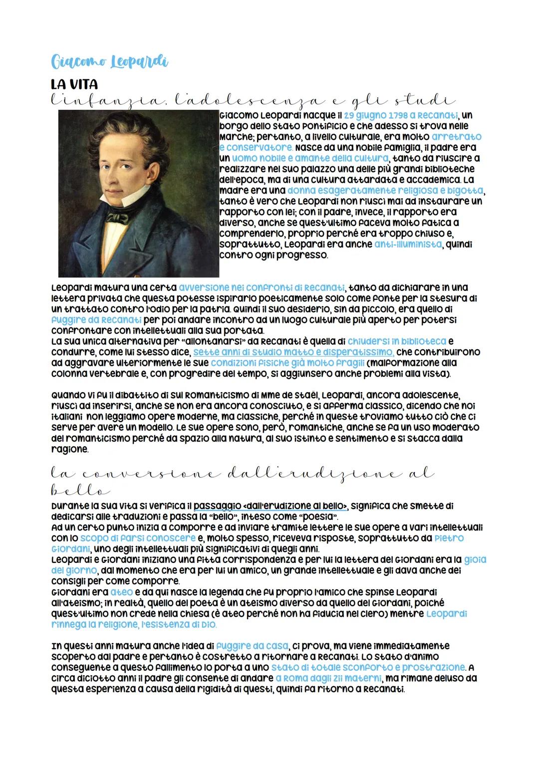 Giacomo Leopardi
LA VITA
l'infanzia, l'adolescenza
e gli stude
Giacomo Leopardi nacque il 29 giugno 1798 a Recanati, un
borgo dello stato po