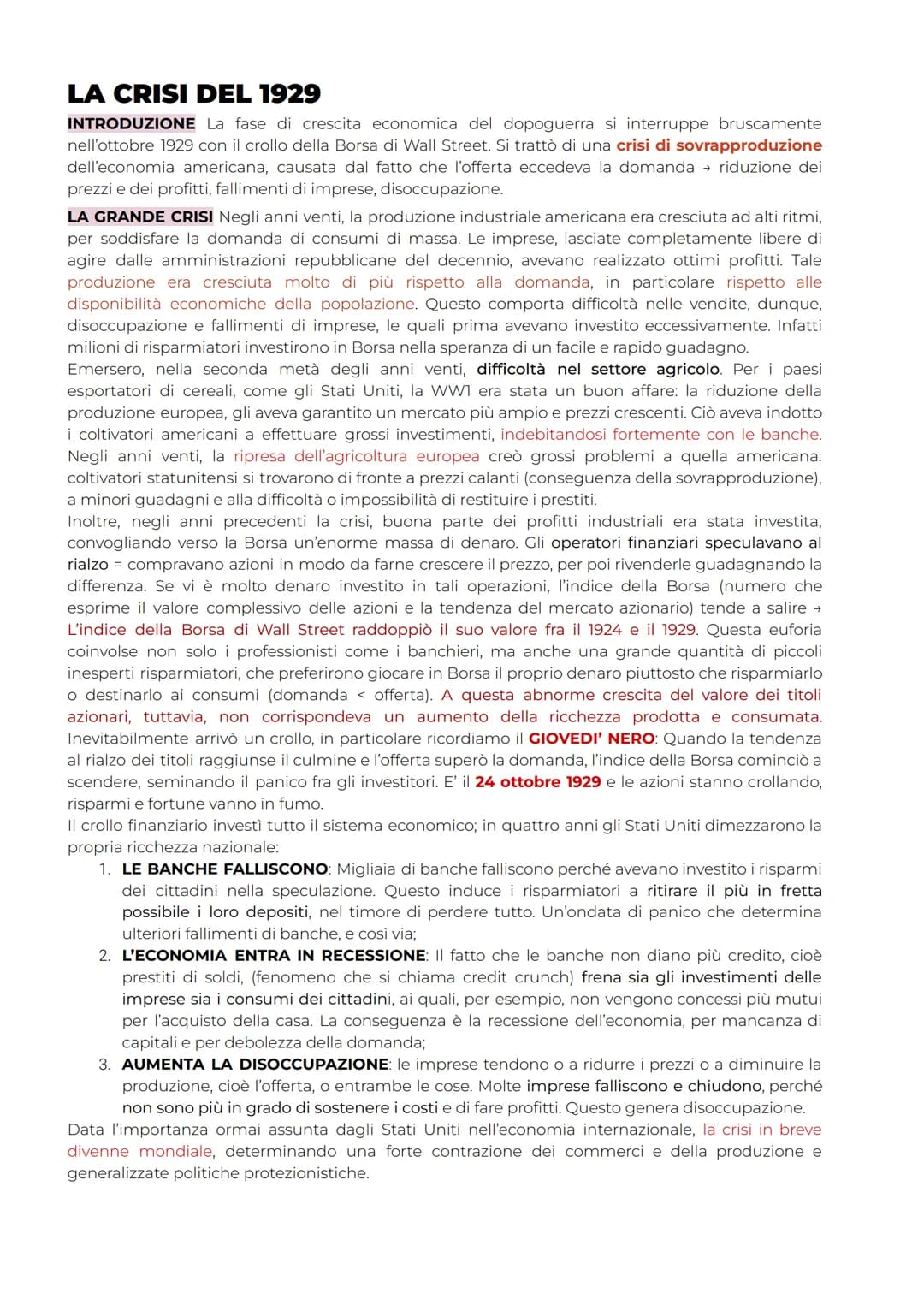 LA CRISI DEL 1929
INTRODUZIONE La fase di crescita economica del dopoguerra si interruppe bruscamente
nell'ottobre 1929 con il crollo della 