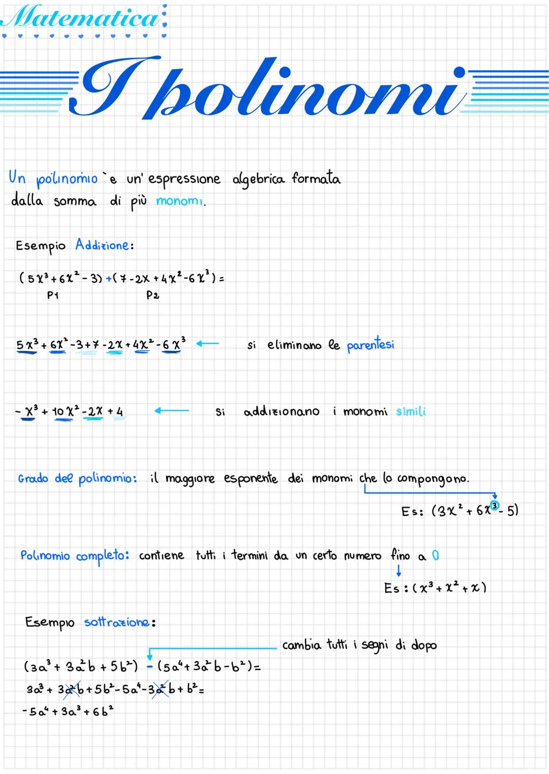 Matematica
I holinomi
Un polinomio e un' espressione algebrica formata
dalla somma di più monomi.
Esempio Addizione:
(5 x ³ + 6 x² - 3) + ( 