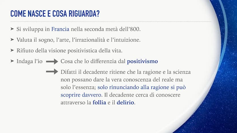 DECADENTISMO COME NASCE E COSA RIGUARDA?
Si sviluppa in Francia nella seconda metà dell'800.
Valuta il sogno, l'arte, l'irrazionalità e l'in